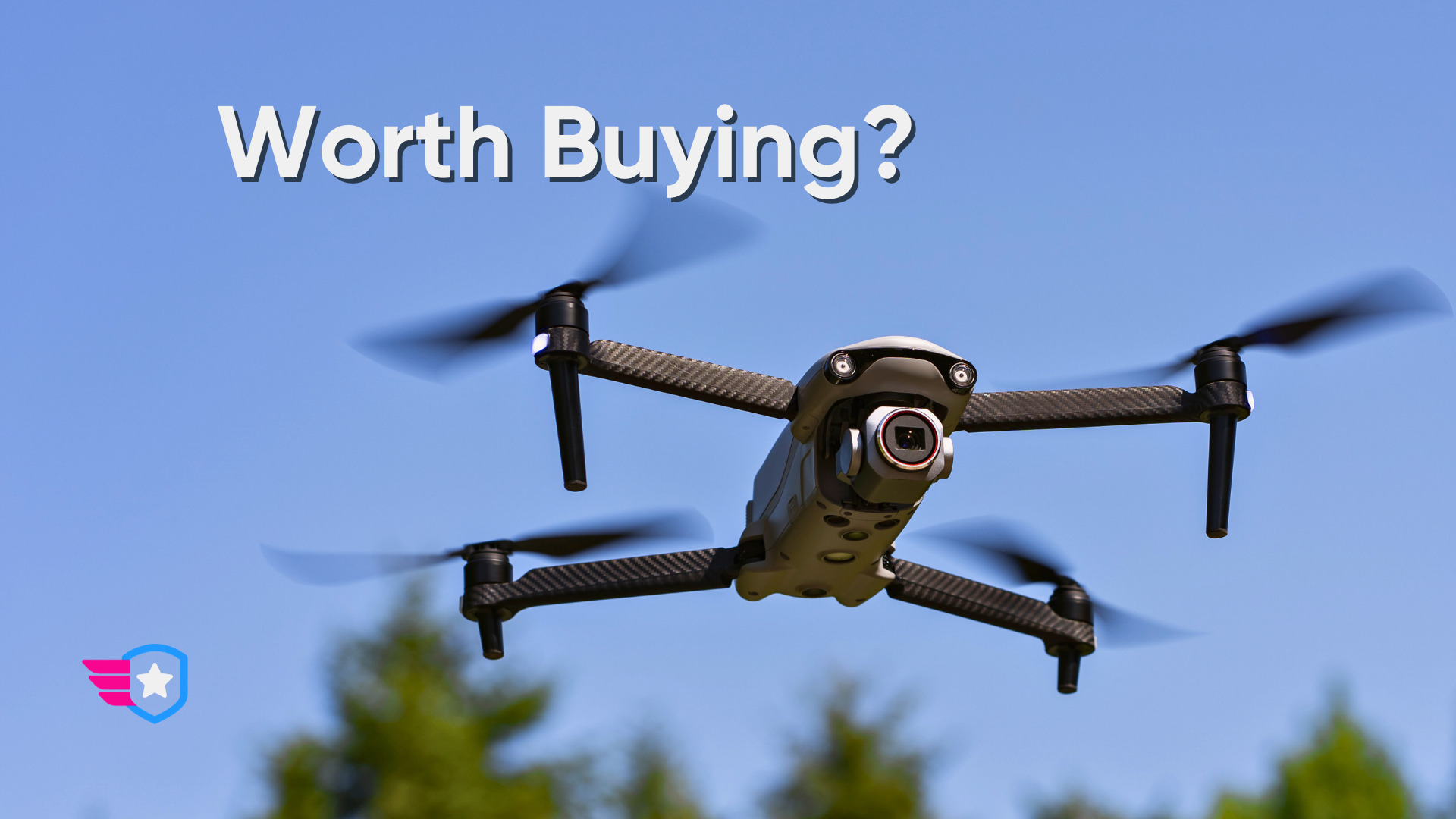A drone flying against a backdrop of trees.