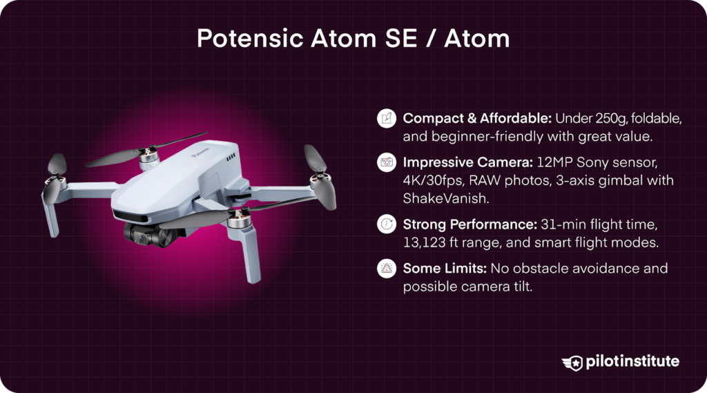 Potensic Atom SE drone with feature list highlighting compact size, 4K camera, long range, and beginner-friendly design.