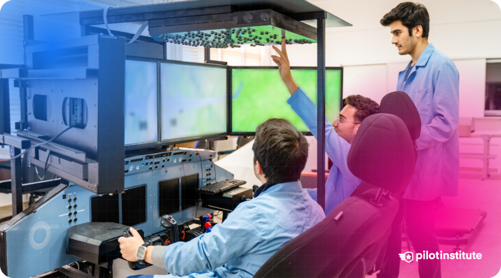 Aviation students or professionals working on a flight simulator in a training environment, adjusting screens and controls.